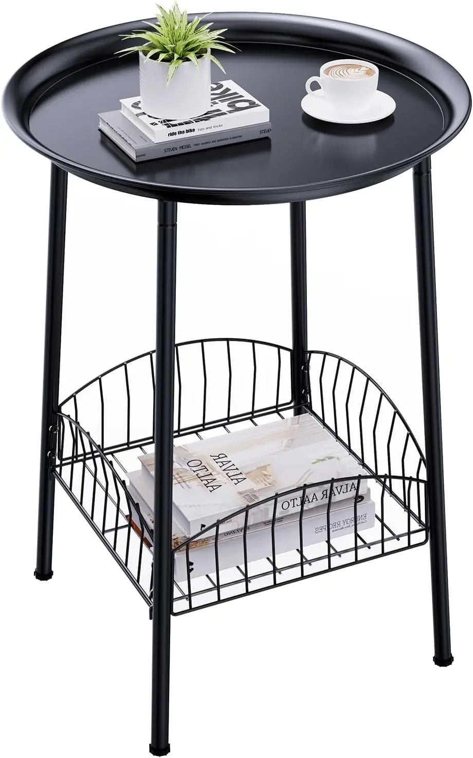XIUWO Outdoor Side Table Two Tier Round Metal Patio