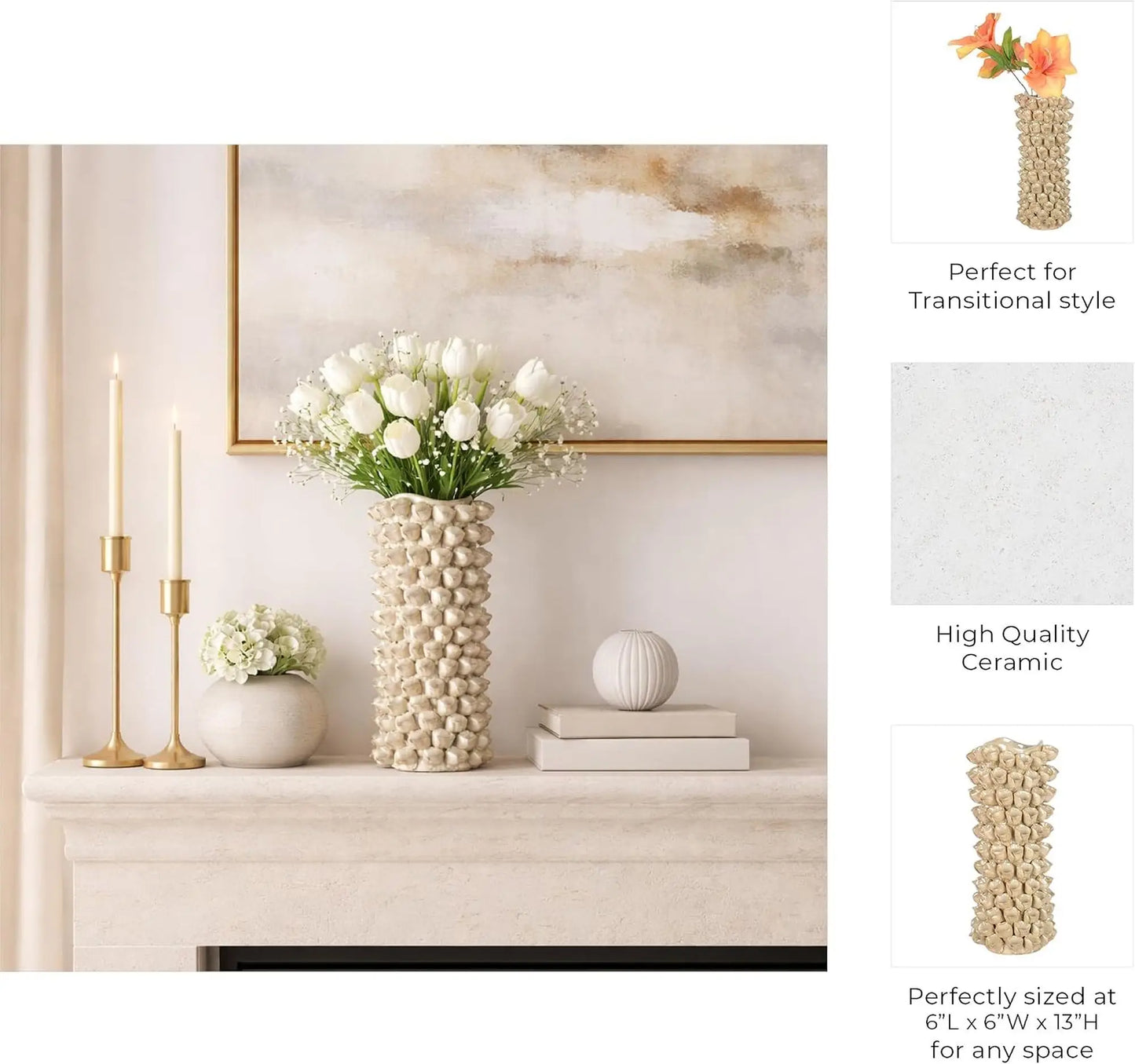 Textured Floral Cylinder Porcelain Vase For Home Decor