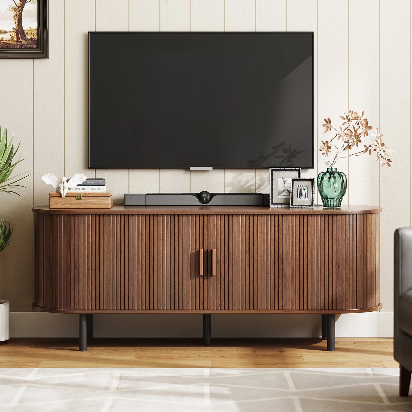 ONBRILL TV Stand With Power Outlet, Sliding Doors Storage