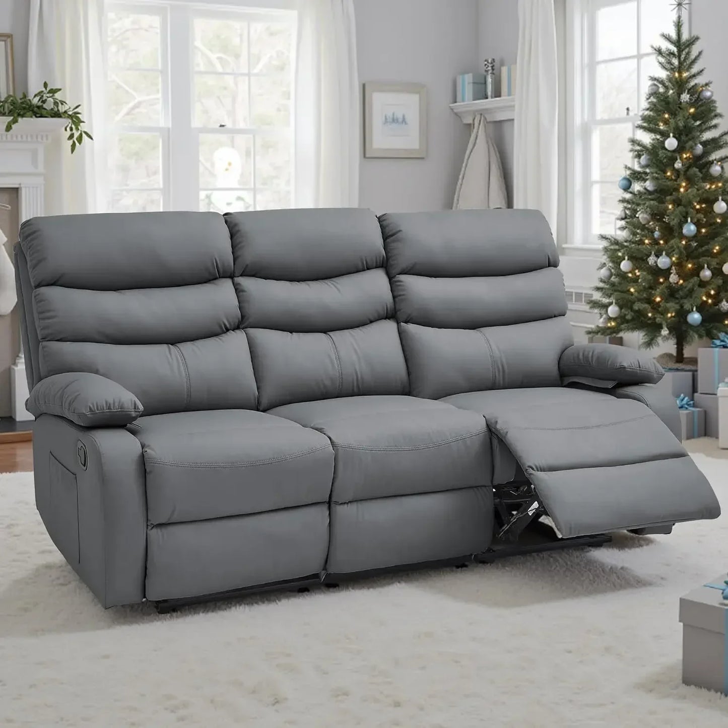 Manual 3 Seat Reclining Leather Sofa With Overstuffed Arms