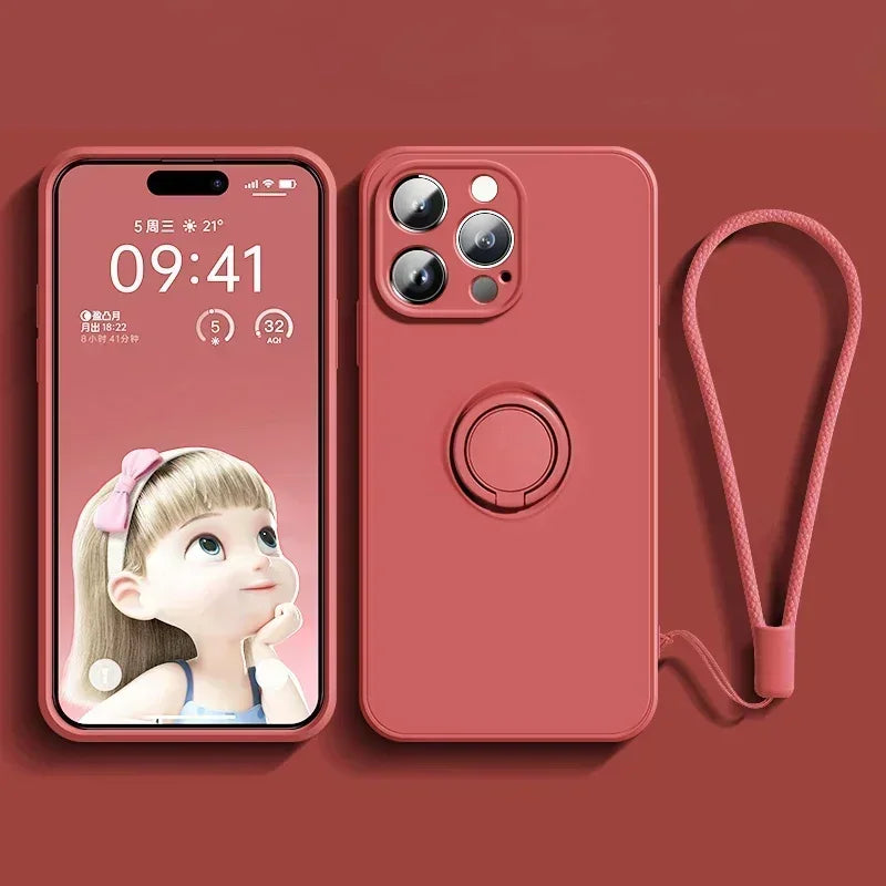 Liquid Silicone Case For iPhone Ring Stand Wrist Strap