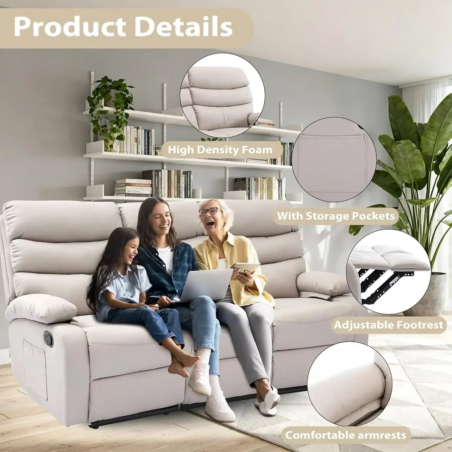 Manual 3 Seat Reclining Leather Sofa With Overstuffed Arms