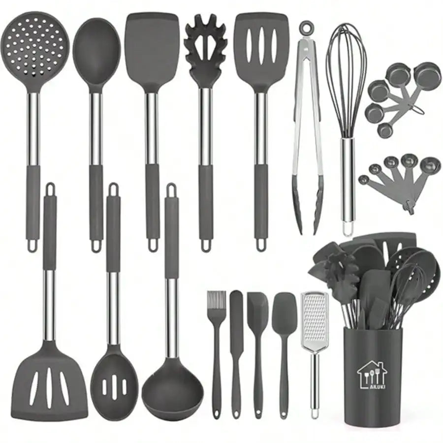 Silicone Utensil Set With Holder And Stainless Steel Handles