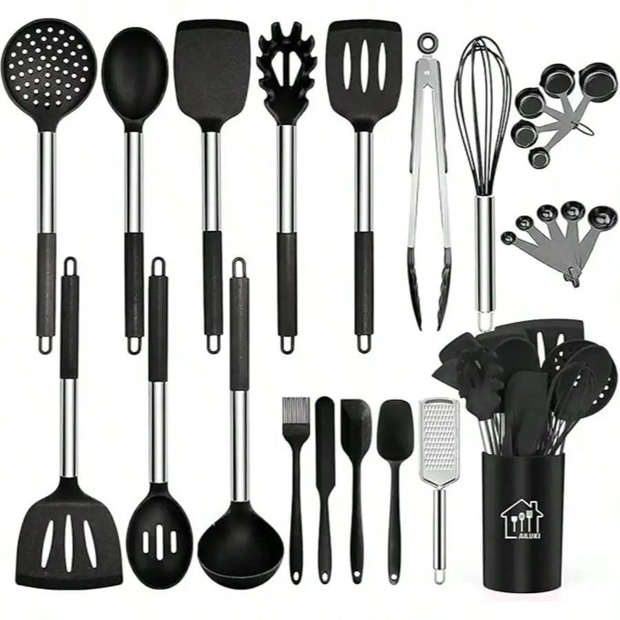 Silicone Utensil Set With Holder And Stainless Steel Handles