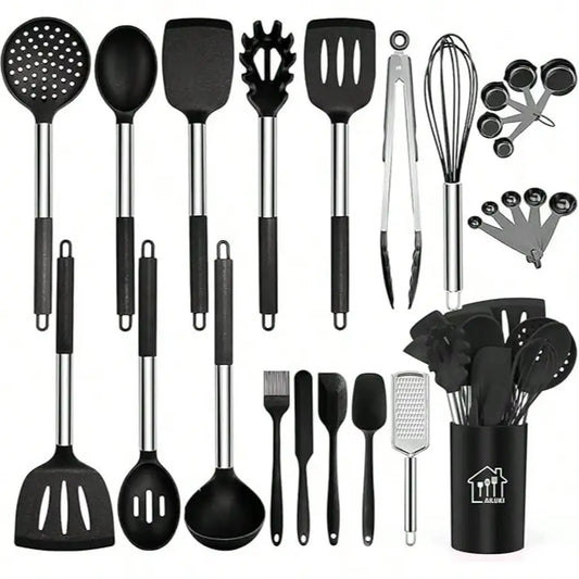 Silicone Utensil Set With Holder And Stainless Steel Handles