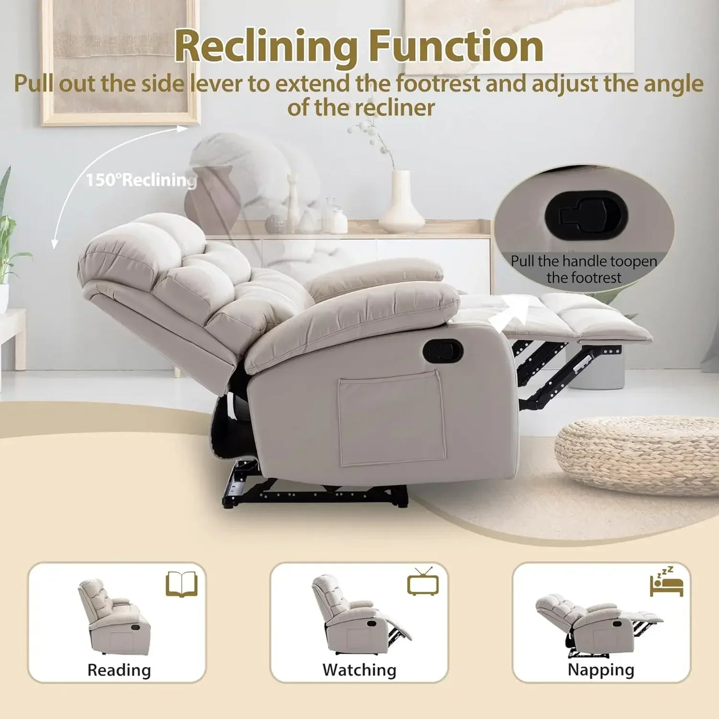 Manual 3 Seat Reclining Leather Sofa With Overstuffed Arms