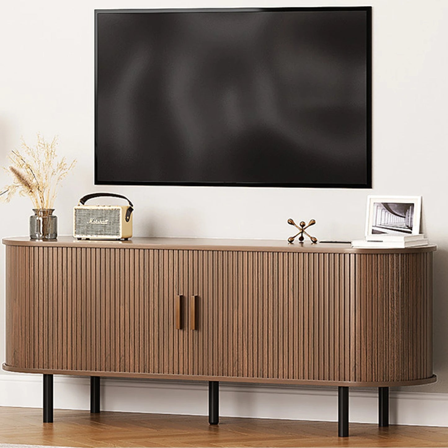 ONBRILL TV Stand With Power Outlet, Sliding Doors Storage