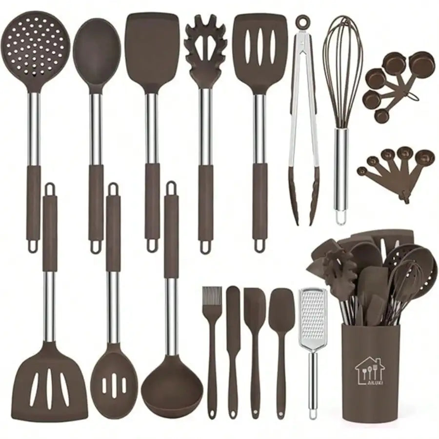 Silicone Utensil Set With Holder And Stainless Steel Handles