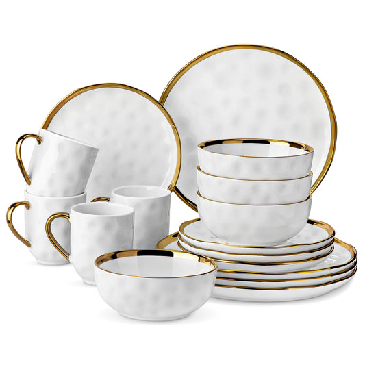 Malacasa Stoneware Dinnerware Set Handmade With Gold Trim