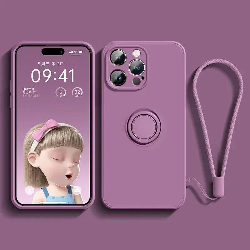 Liquid Silicone Case For iPhone Ring Stand Wrist Strap