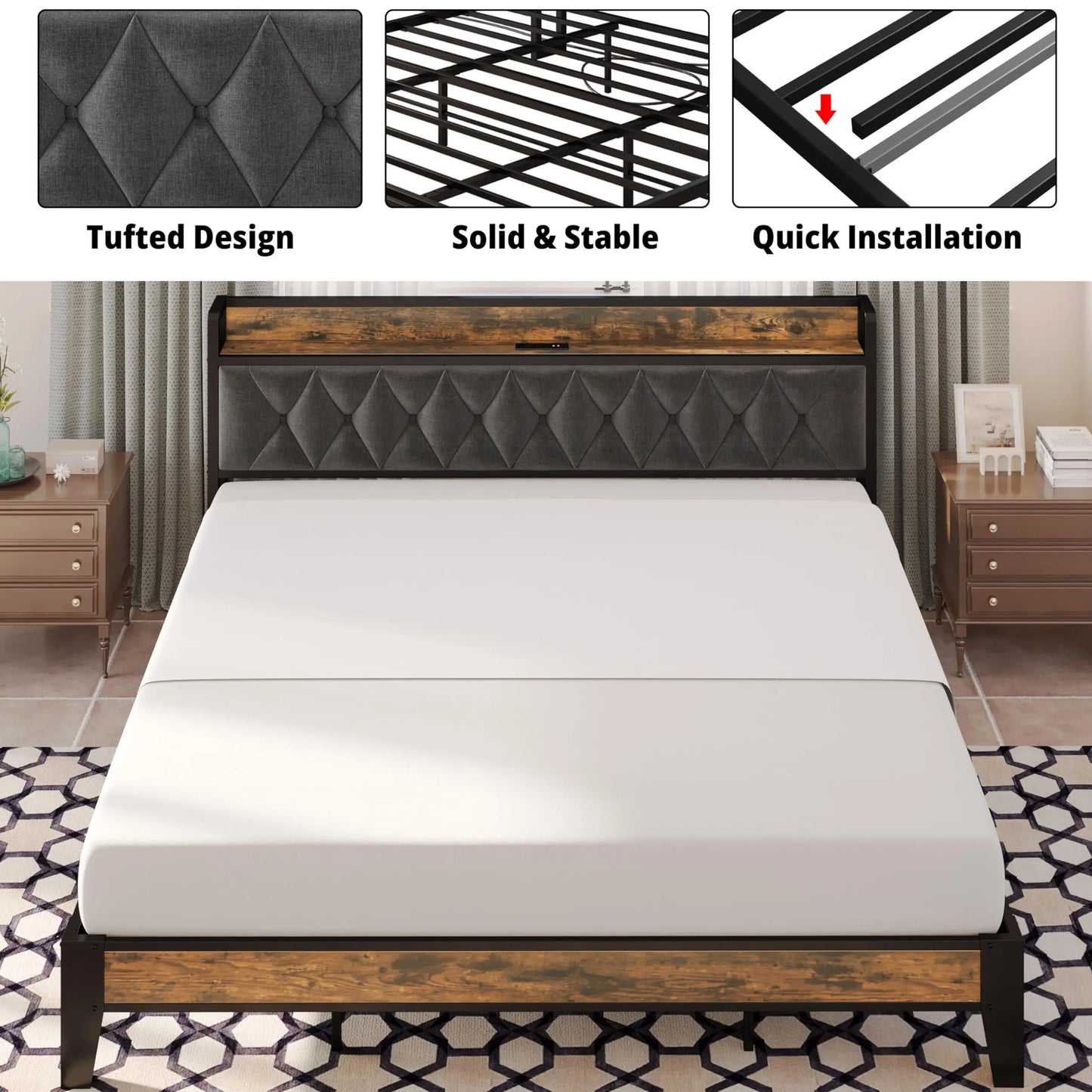 ANCTOR Storage Headboard Bed Frame With Outlets