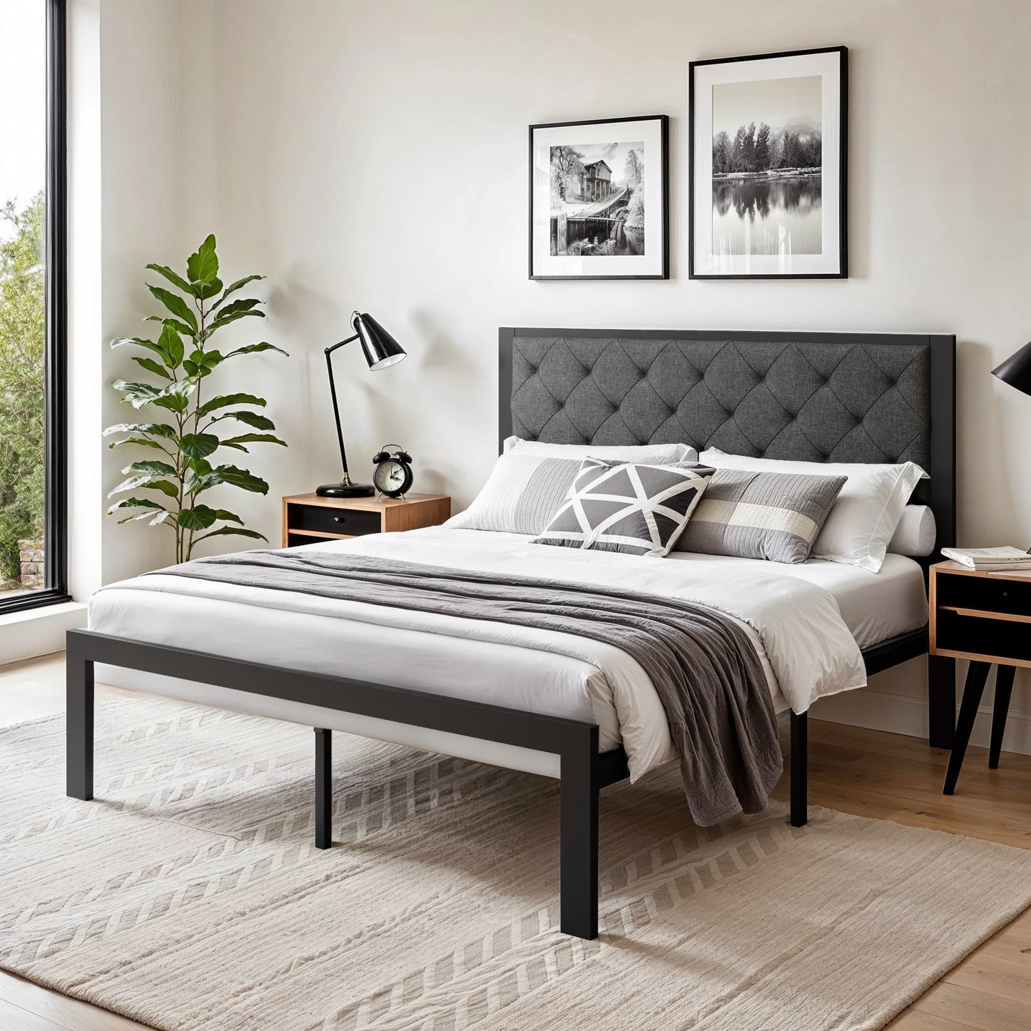HOOMIC Metal Bed Frame With Upholstered Linen Headboard