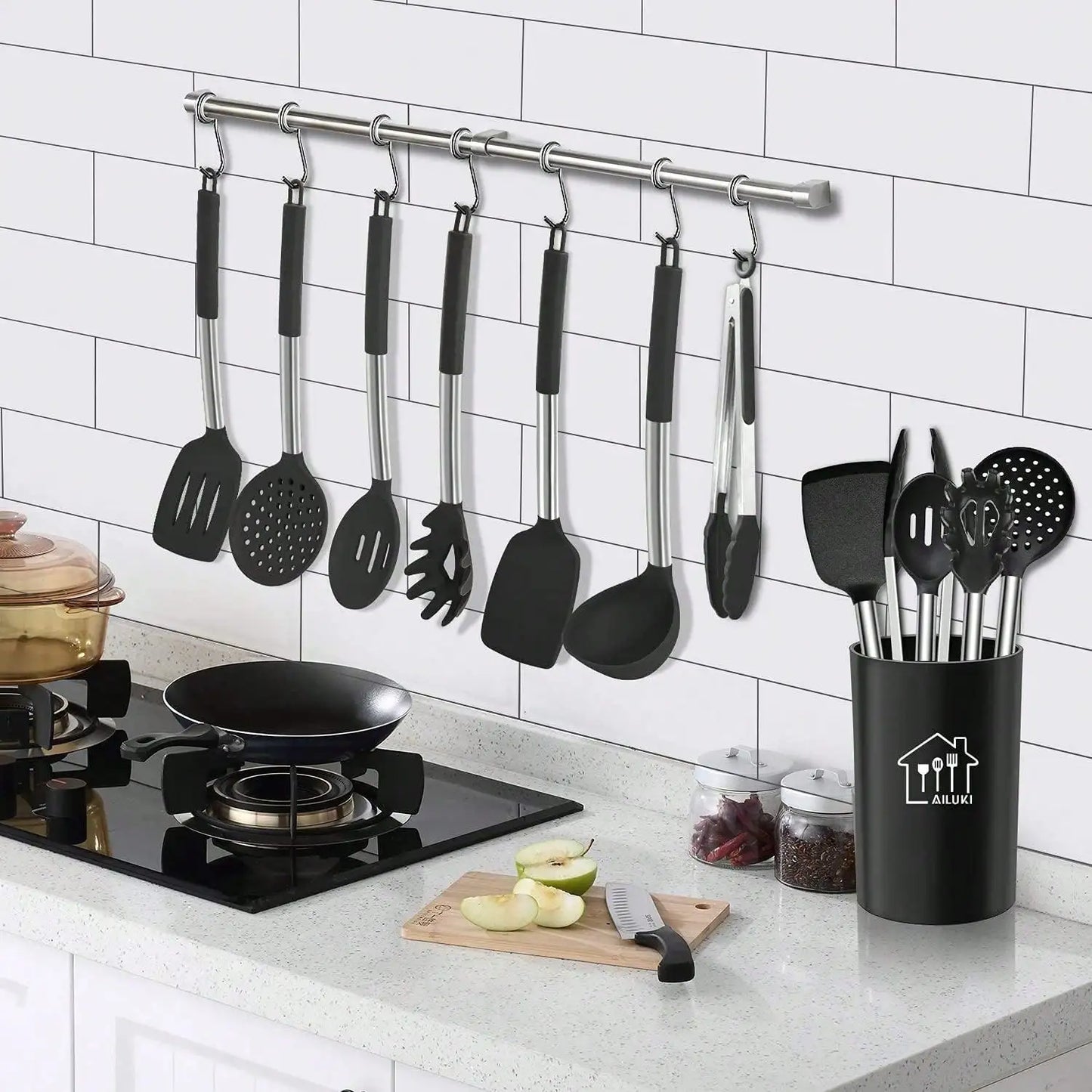 Silicone Utensil Set With Holder And Stainless Steel Handles