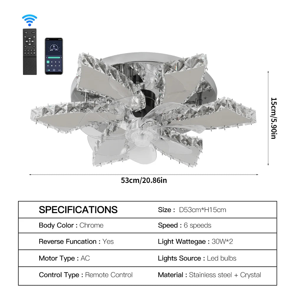 VETRULUS Modern Crystal Chandelier Ceiling Fan With Remote