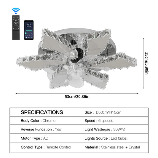 VETRULUS Modern Crystal Chandelier Ceiling Fan With Remote