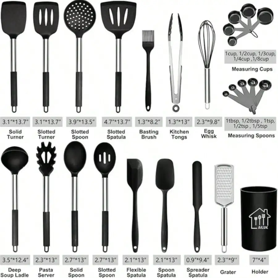 Silicone Utensil Set With Holder And Stainless Steel Handles