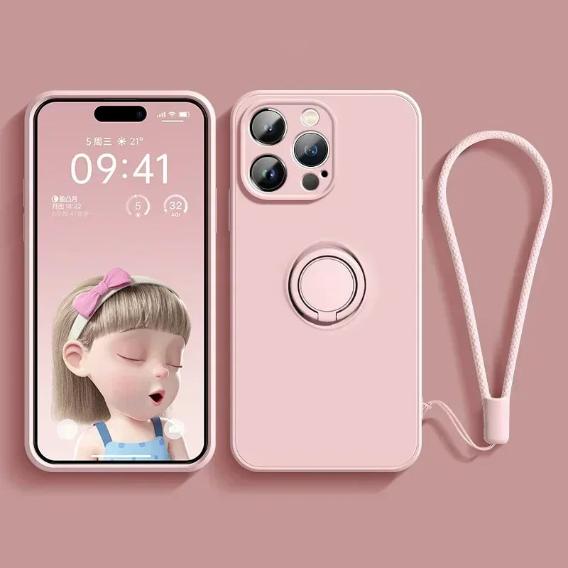 Liquid Silicone Case For iPhone Ring Stand Wrist Strap