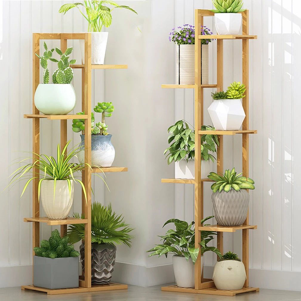 Bamboo 6 To 7 Pot Vertical Plant Stand Shelf Rack