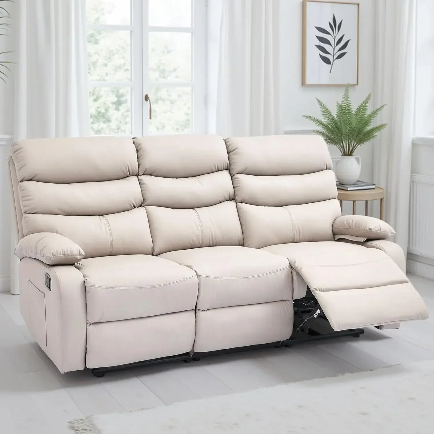 Manual 3 Seat Reclining Leather Sofa With Overstuffed Arms