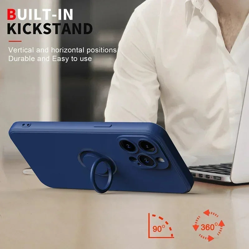 Liquid Silicone Case For iPhone Ring Stand Wrist Strap