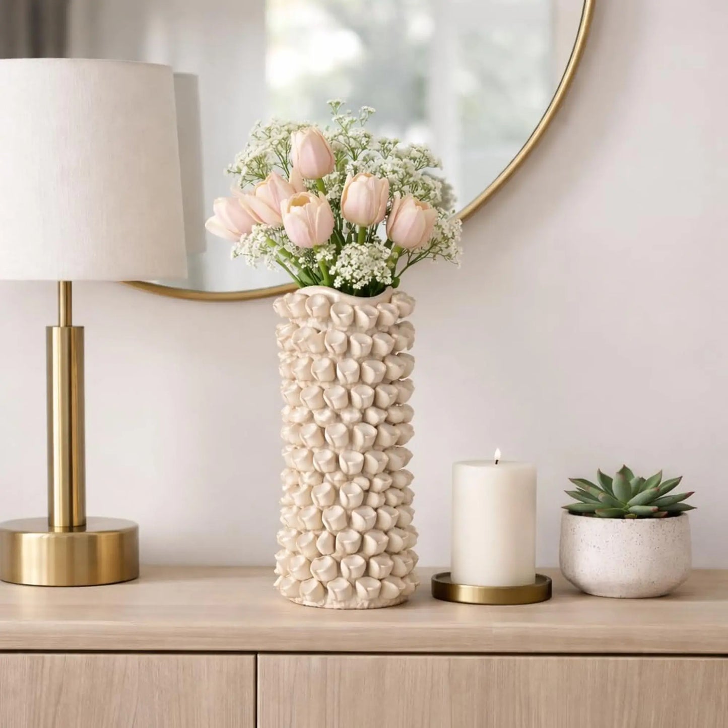 Textured Floral Cylinder Porcelain Vase For Home Decor