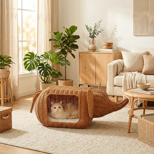 PAWZ Road Elephant Cat Condo Handwoven Wicker Plush Cushion