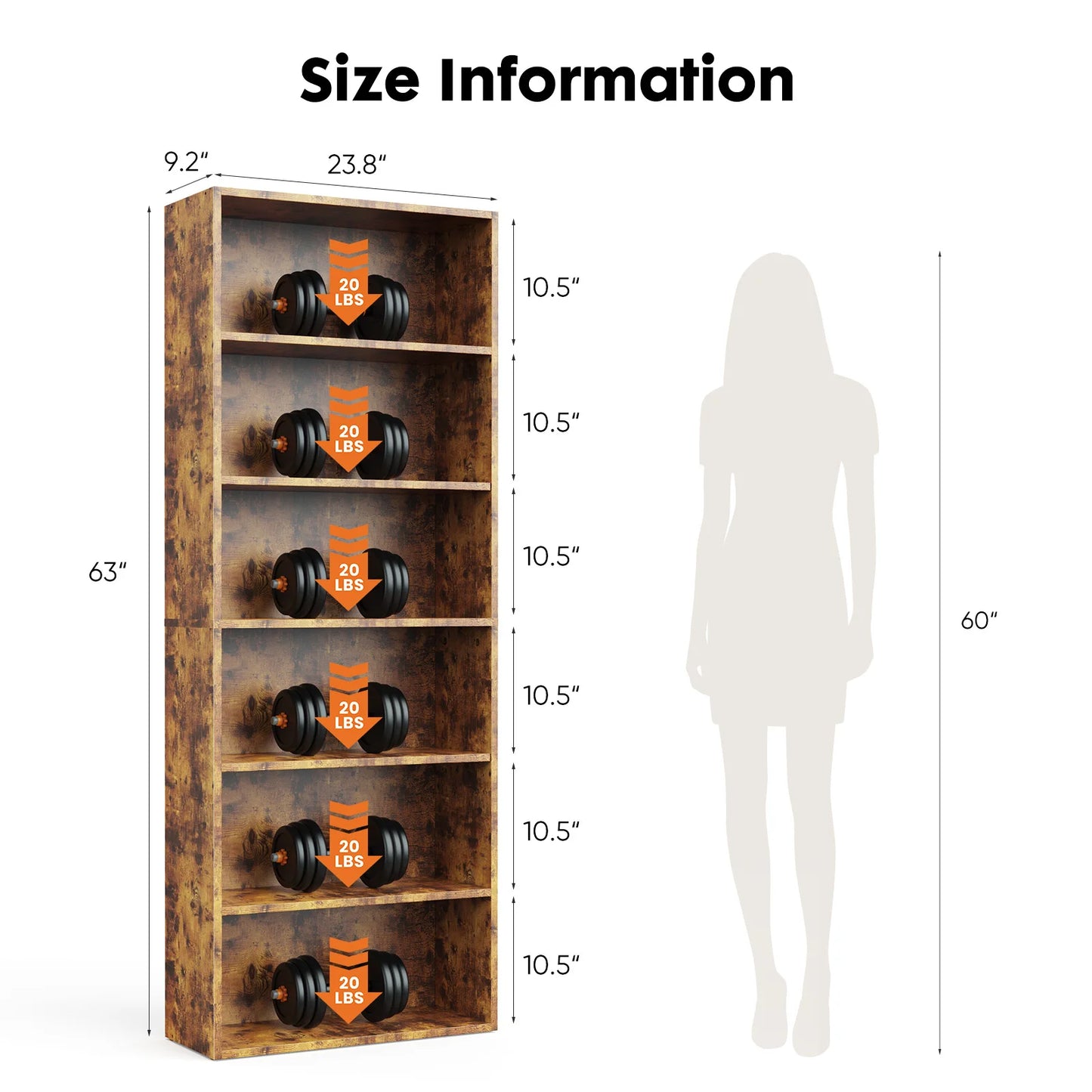 JHK 6 Tier Wooden Floor Standing Bookcase