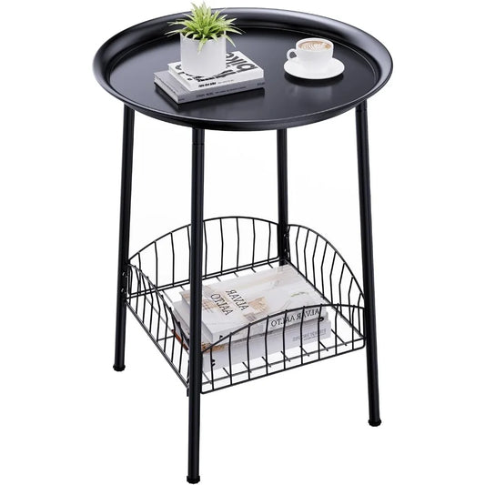 XIUWO Outdoor Side Table Two Tier Round Metal Patio