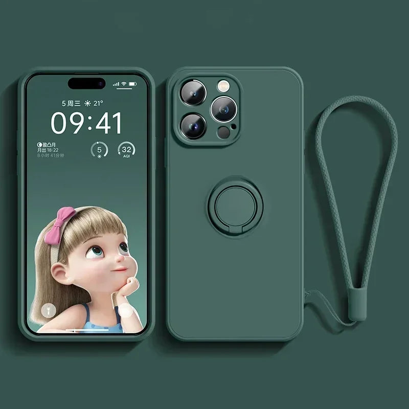Liquid Silicone Case For iPhone Ring Stand Wrist Strap