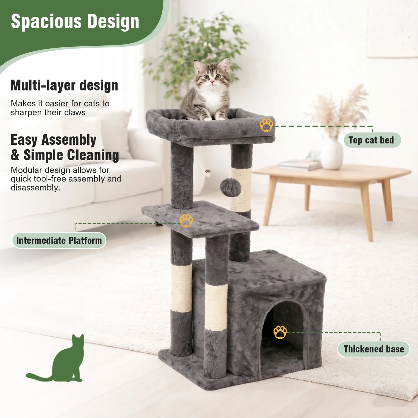 Indoor Cat Tree Tower With Scratching Posts And Condo