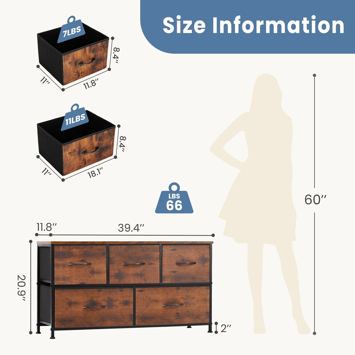 JHK Living Room Display Cabinet With Five Fabric Drawers