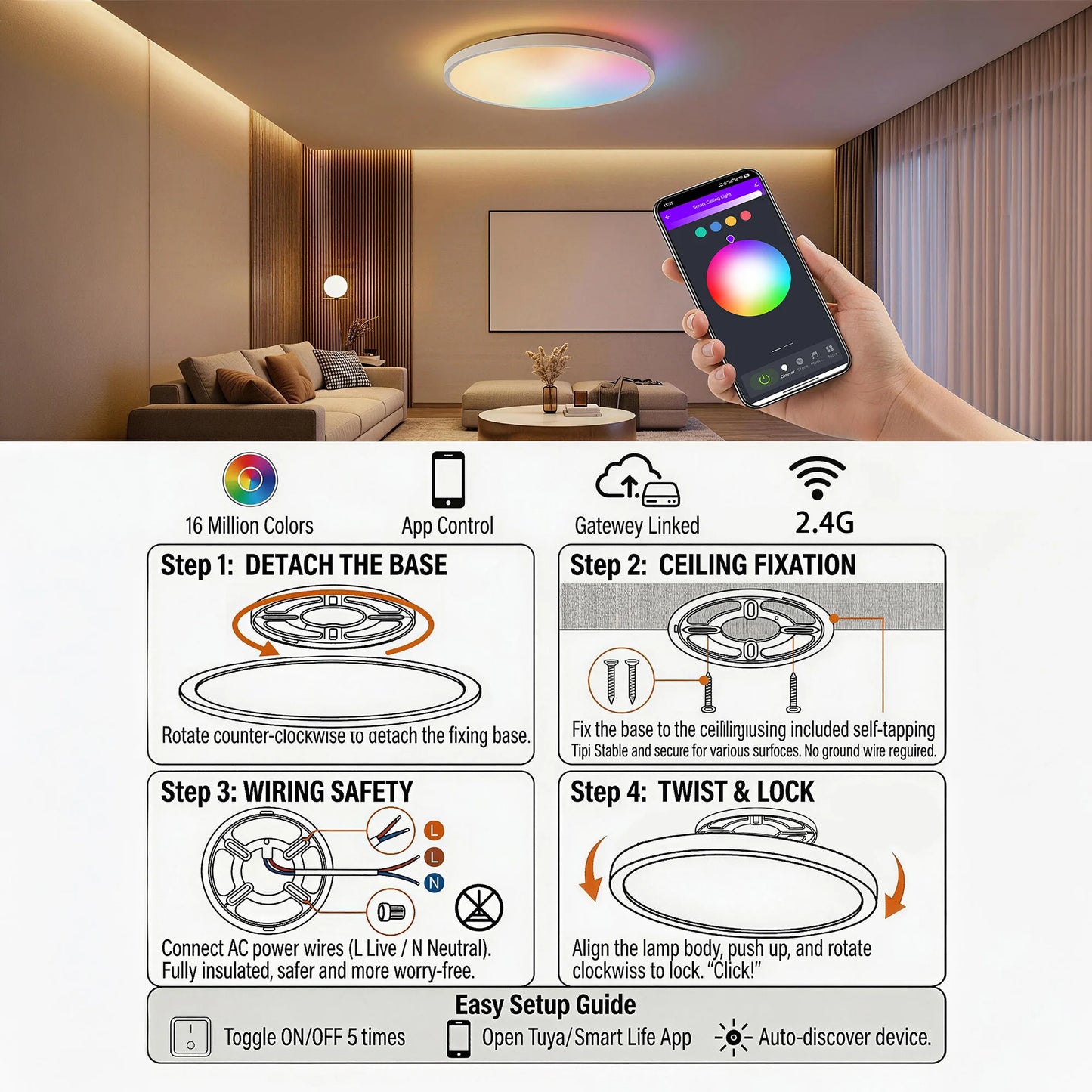 Tuaaryii Smart RGB Ceiling Light With Dimmable 3000K-6500K