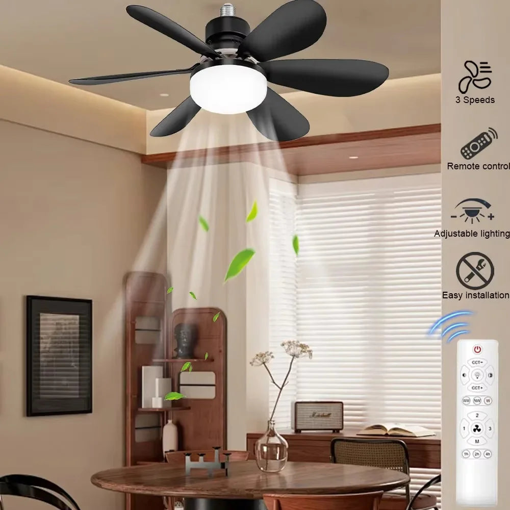 Quiet Ceiling Fan With Remote LED Light E27 Base