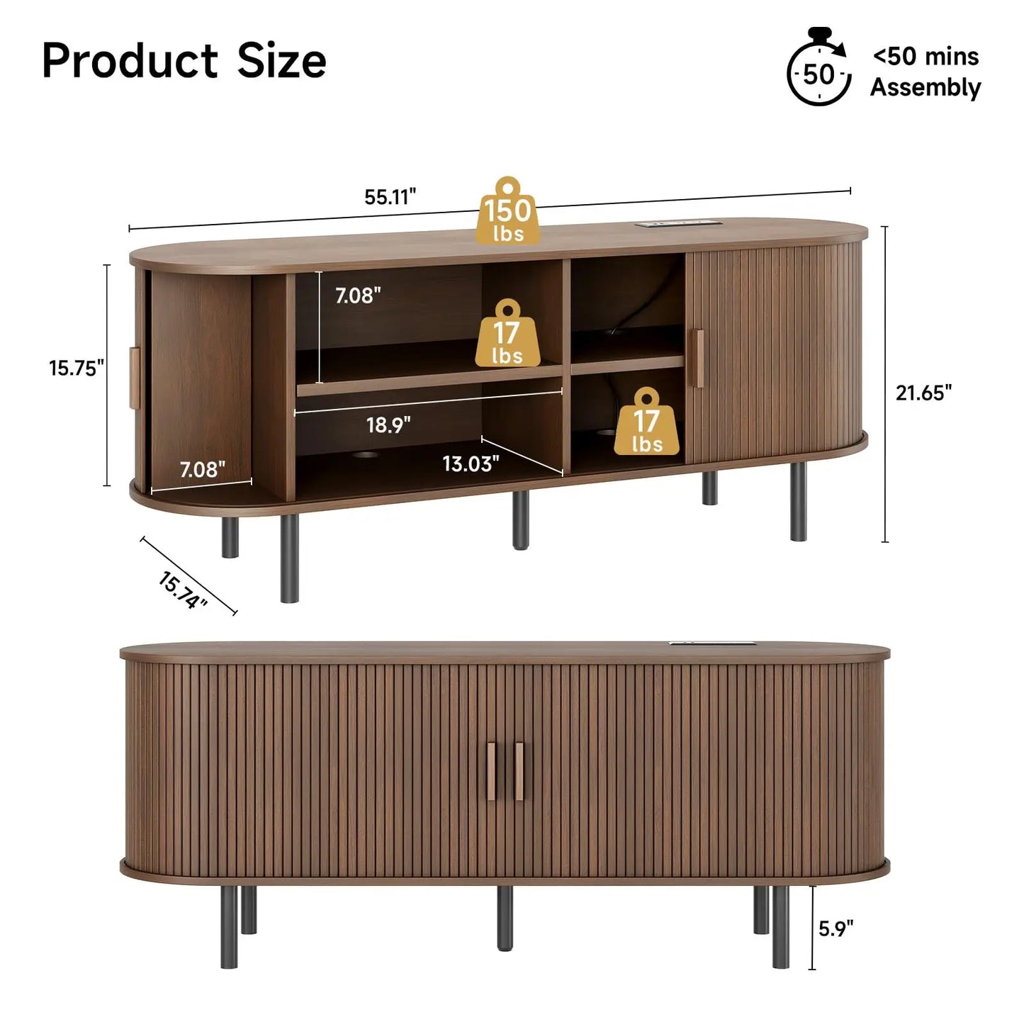ONBRILL TV Stand With Power Outlet, Sliding Doors Storage