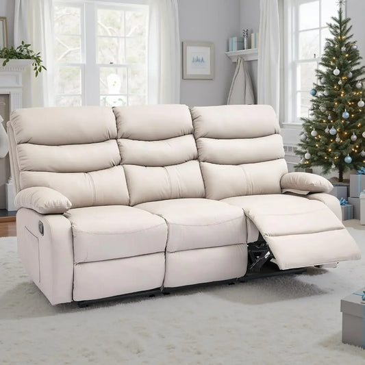 Manual 3 Seat Reclining Leather Sofa With Overstuffed Arms