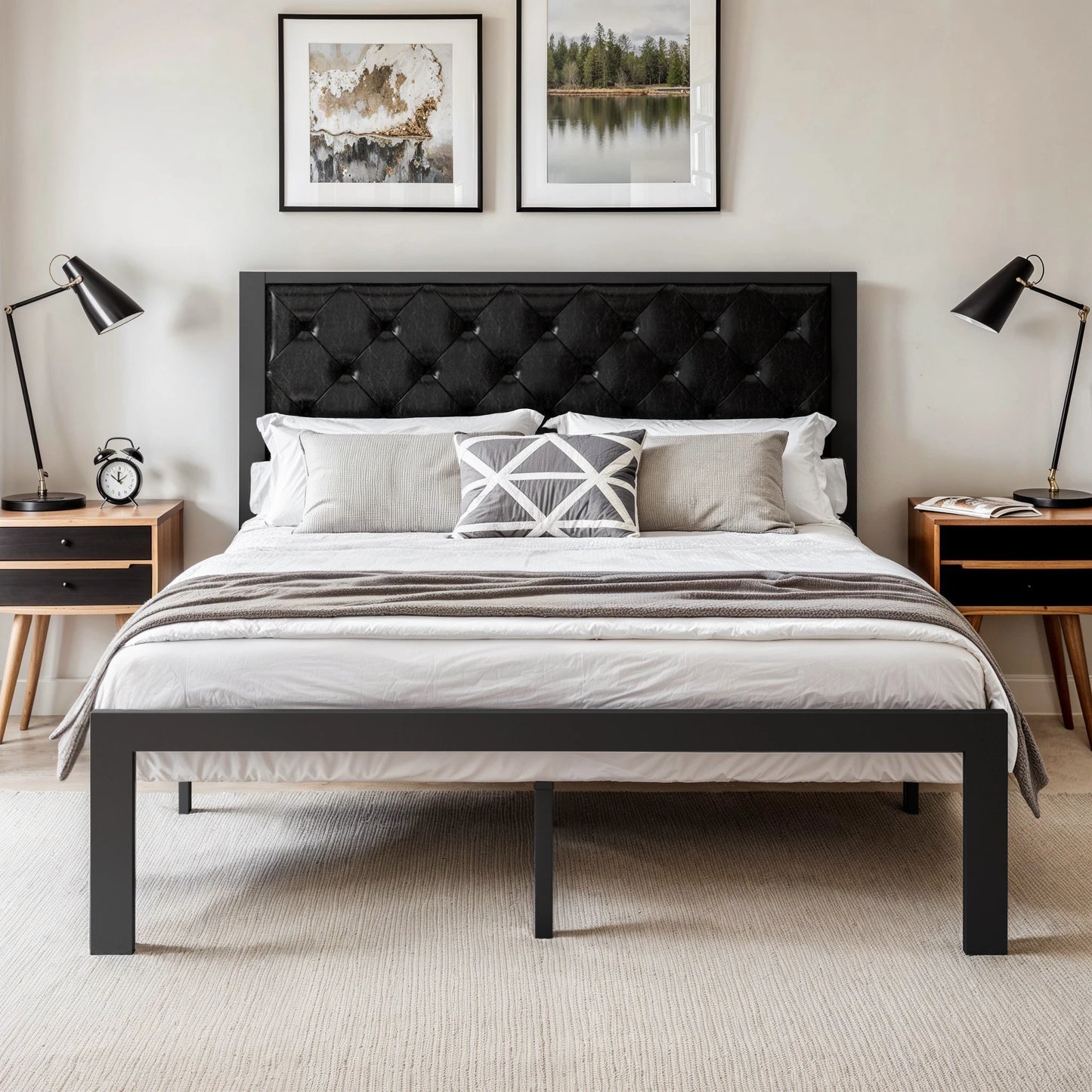 HOOMIC Metal Bed Frame With Upholstered Linen Headboard