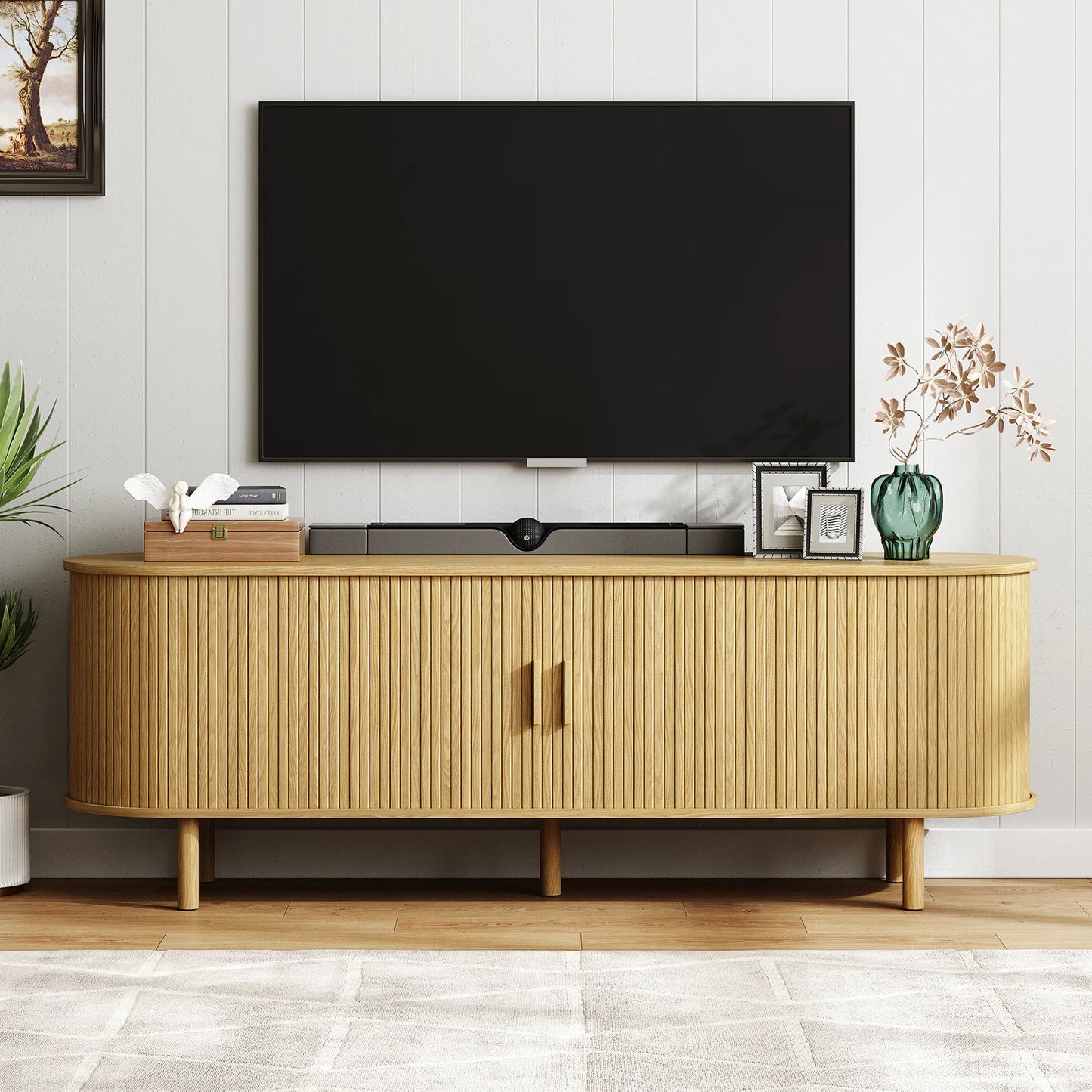 ONBRILL TV Stand With Power Outlet, Sliding Doors Storage