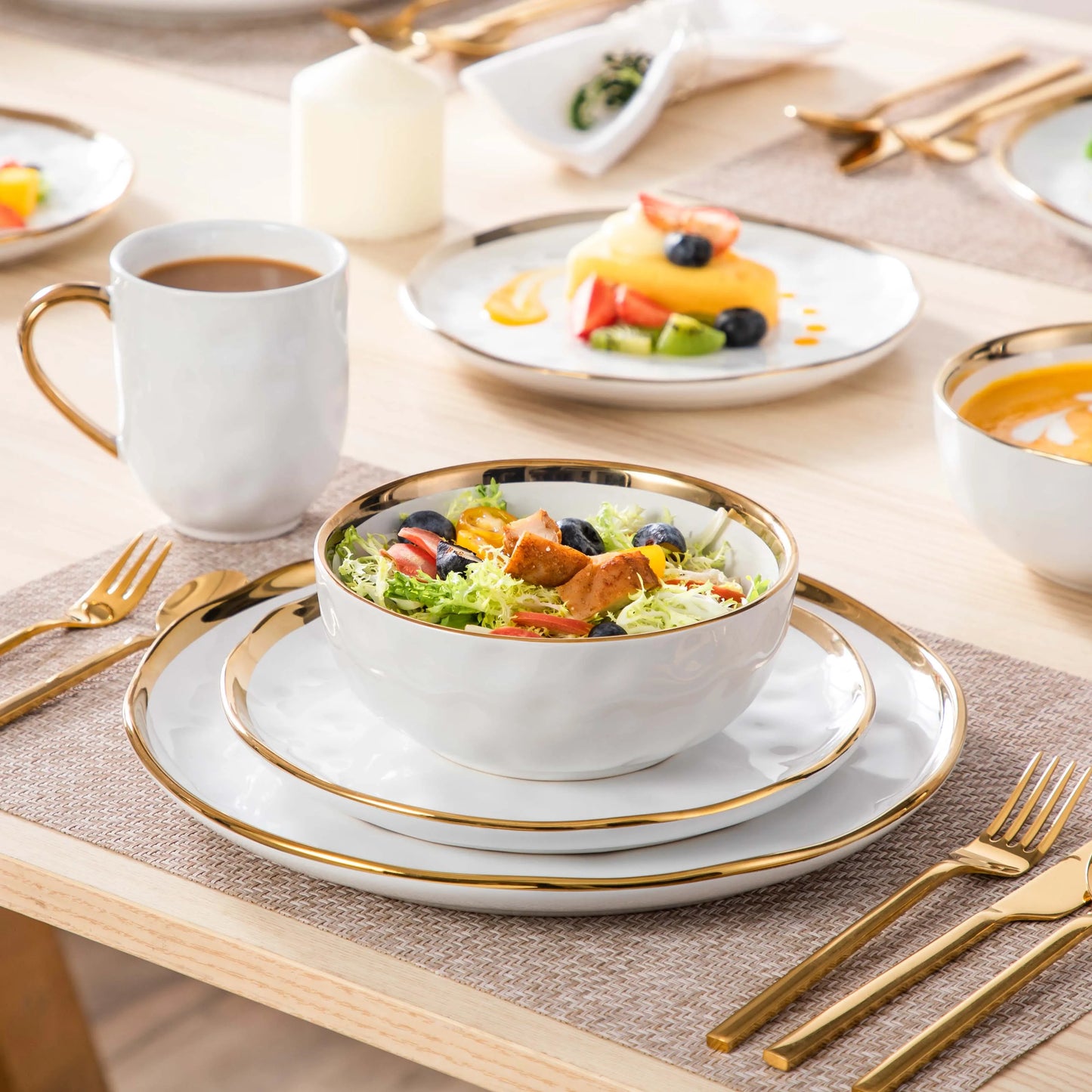 Malacasa Stoneware Dinnerware Set Handmade With Gold Trim