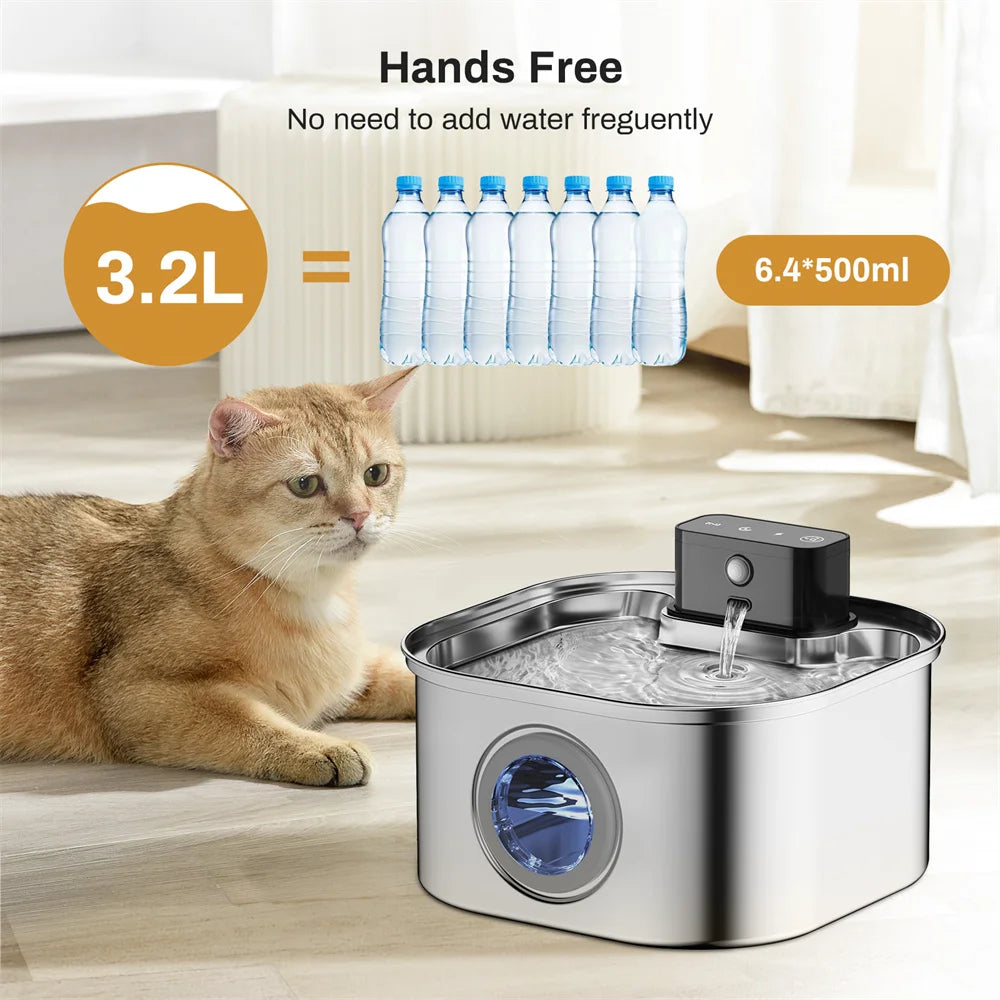 Stainless Steel Pet Water Fountain 3.2L Motion Sensor