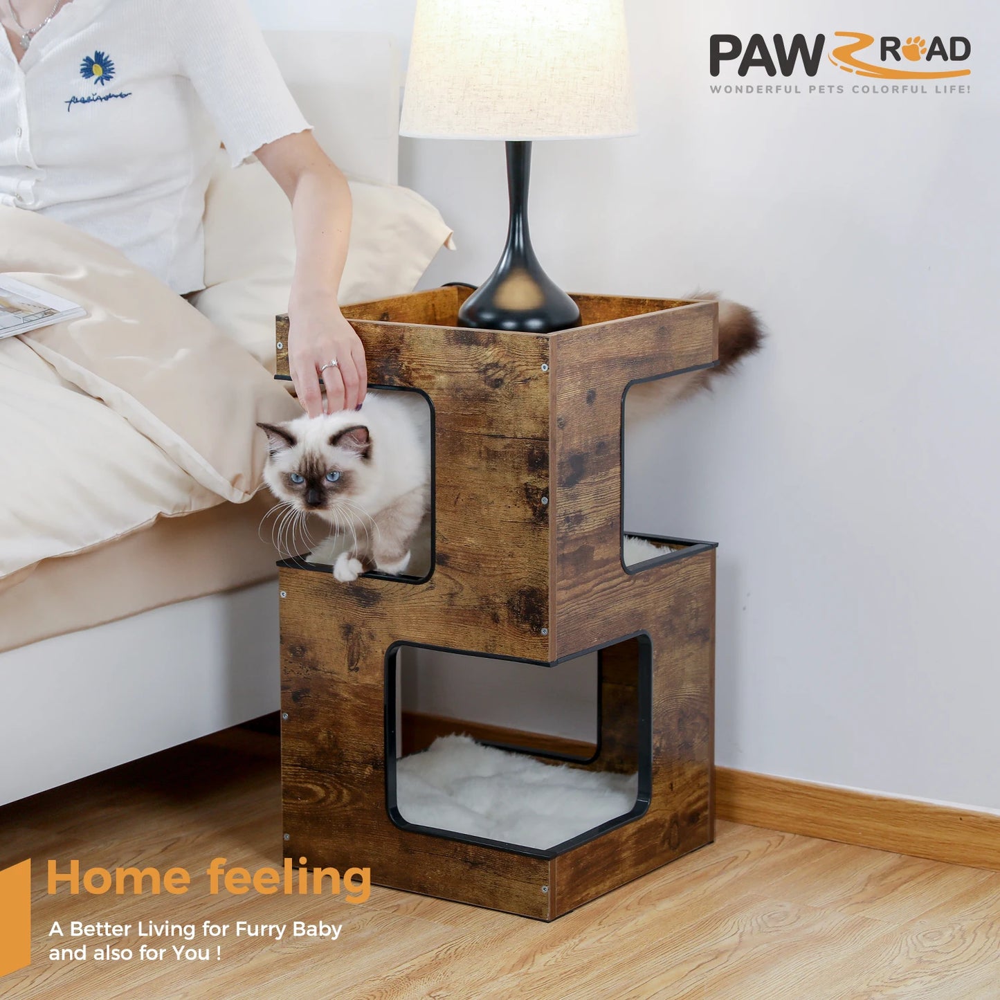 PAWZ Road Wood Cat Condo Bed With Removable Mats