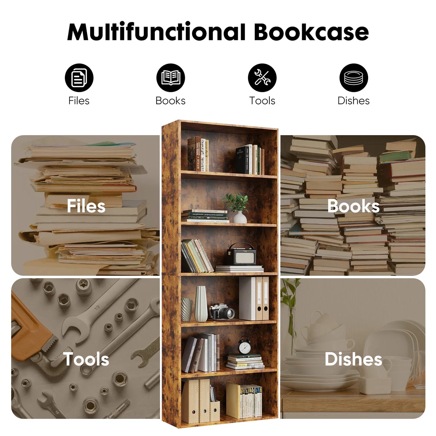JHK 6 Tier Wooden Floor Standing Bookcase