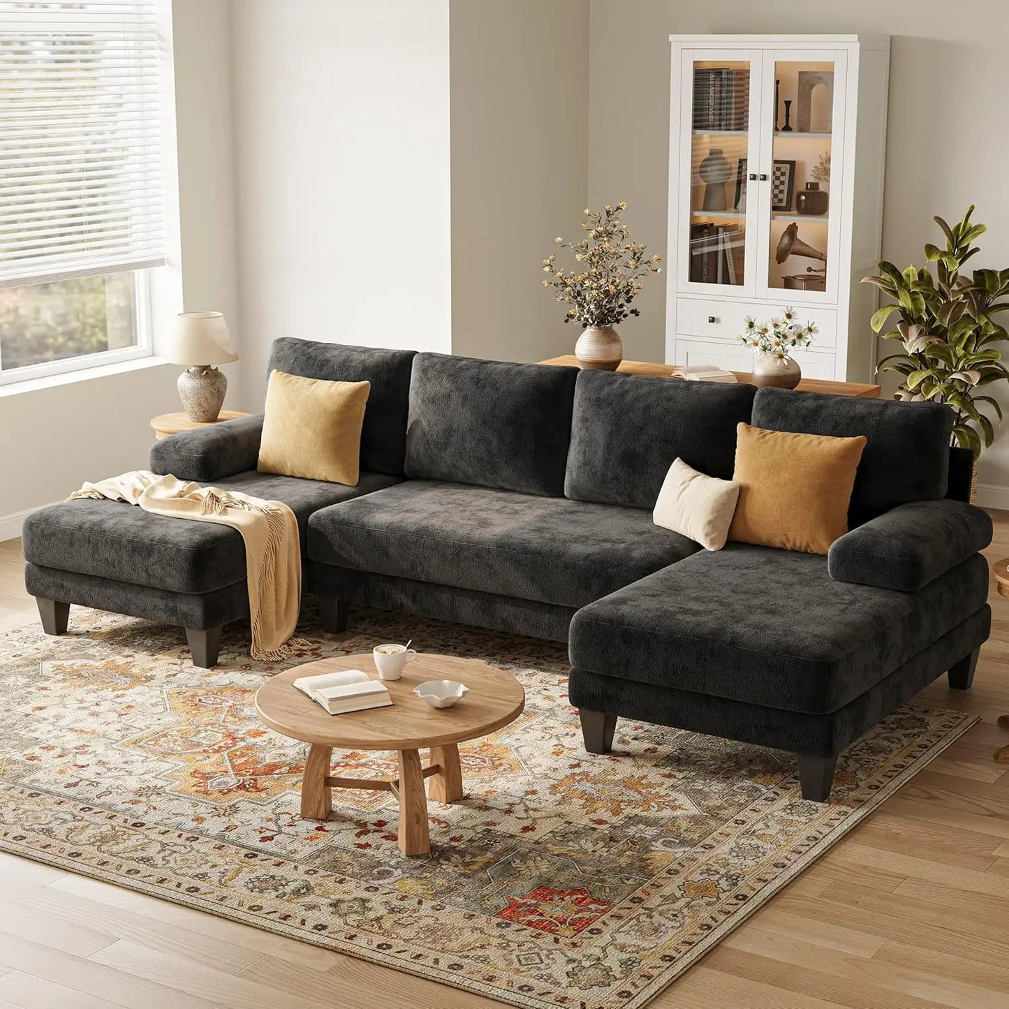 U-Shaped Sectional Sofa With Double Chaise Chenille