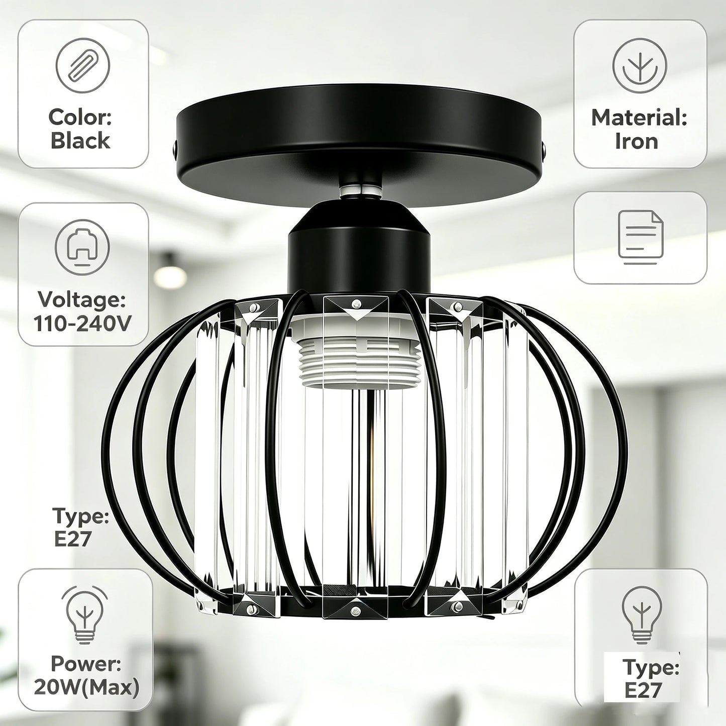 Modern Semi Flush Mount Ceiling Light Fixture With Crystal