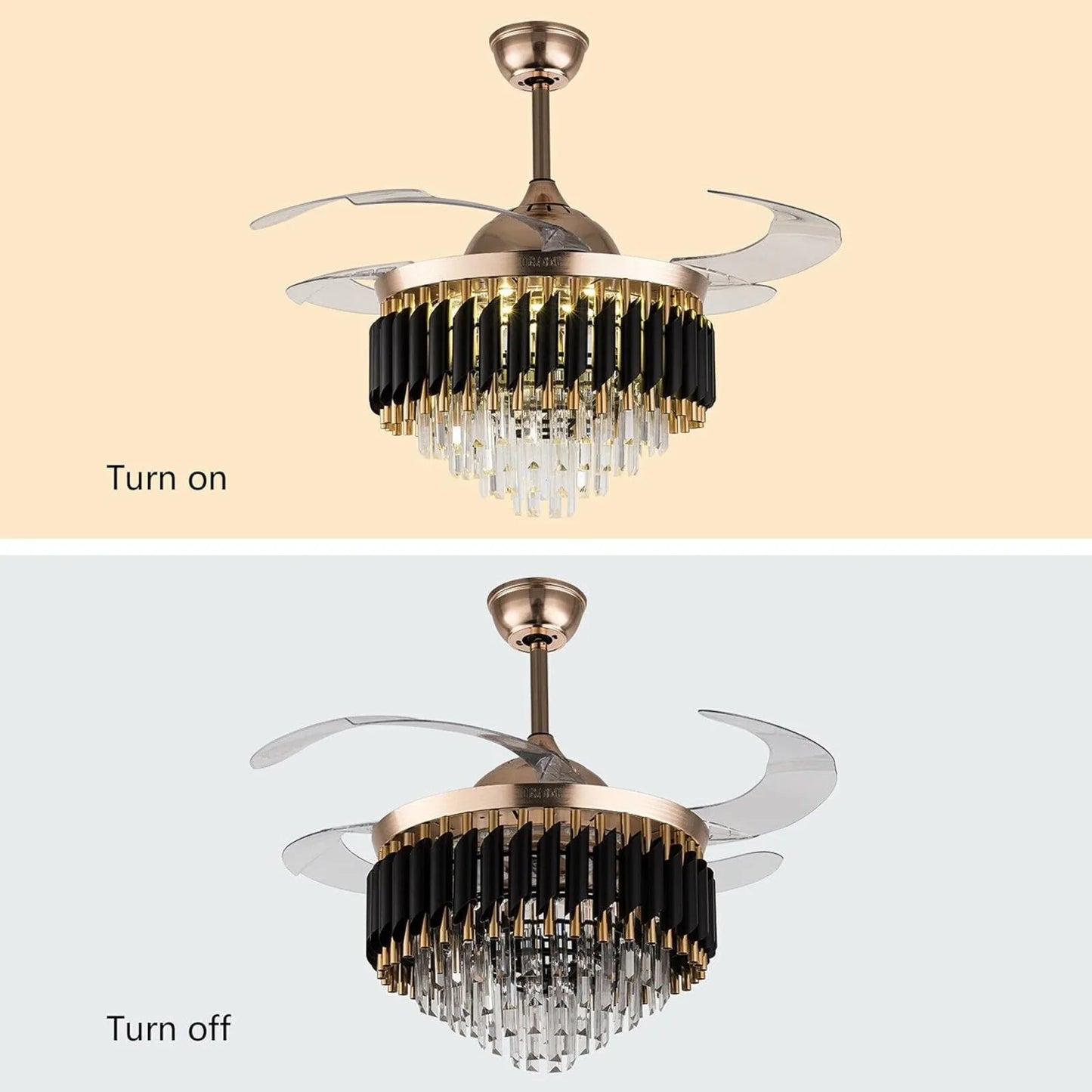 Crystal Ceiling Fan With LED Light And Retractable Blades
