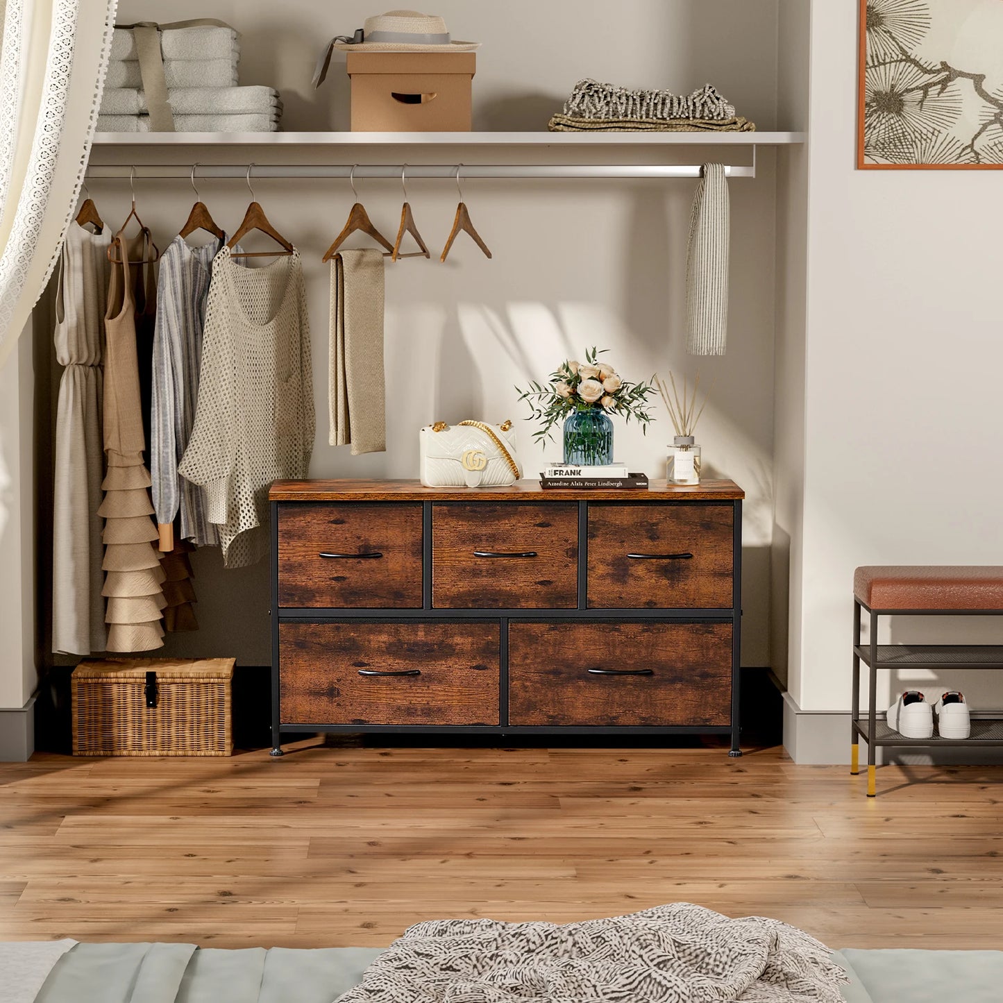 JHK Living Room Display Cabinet With Five Fabric Drawers
