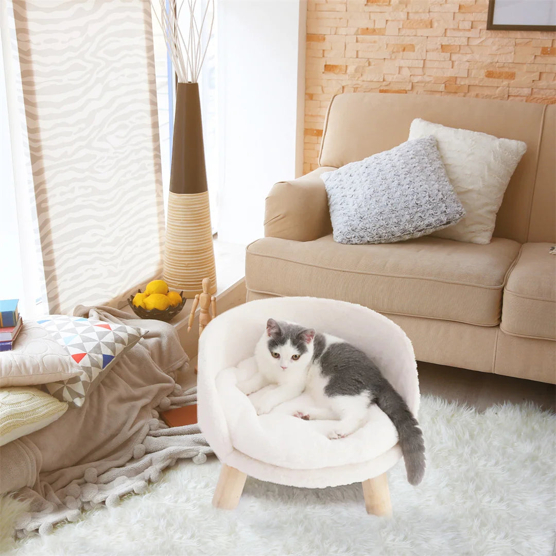 BINGOPAW Luxury Plush Cat Bed Nest With Wood Leg Frame