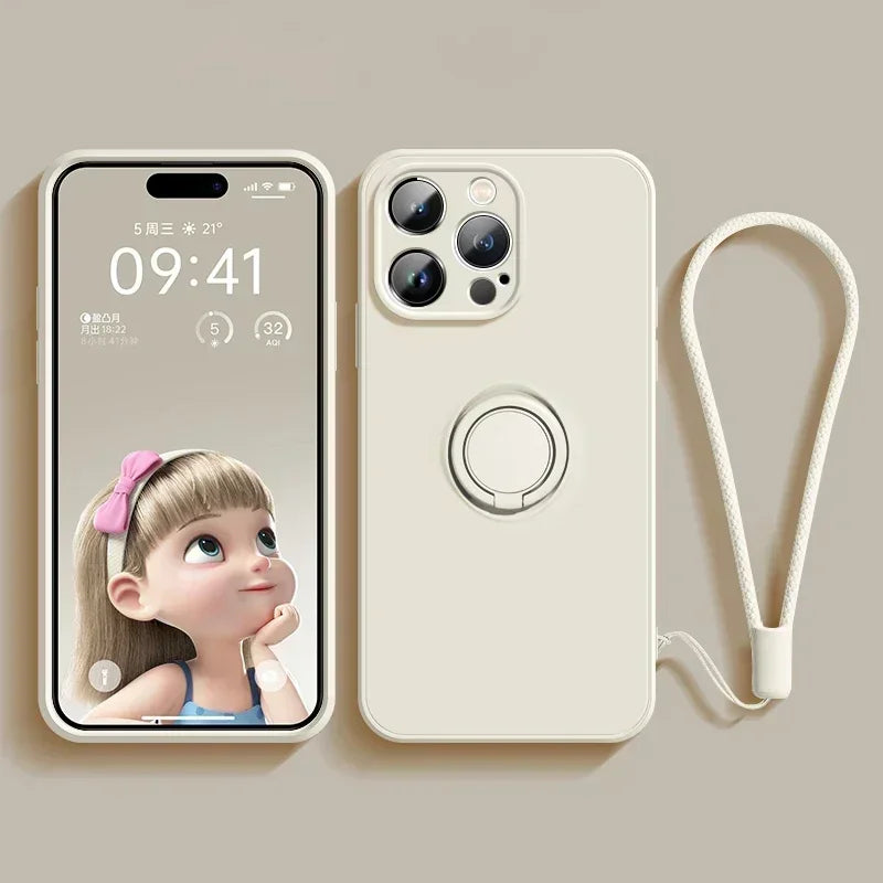 Liquid Silicone Case For iPhone Ring Stand Wrist Strap