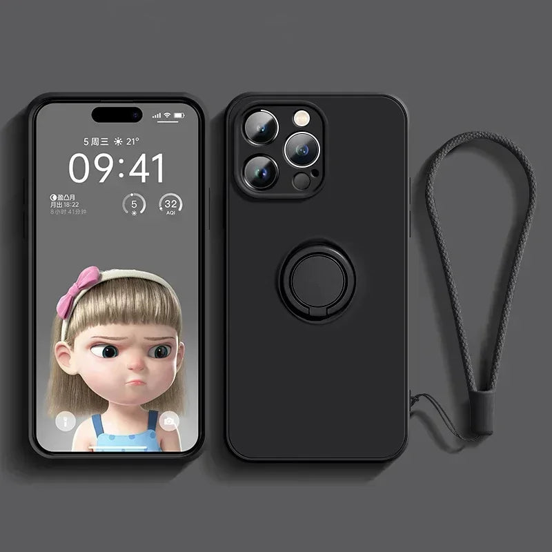 Liquid Silicone Case For iPhone Ring Stand Wrist Strap