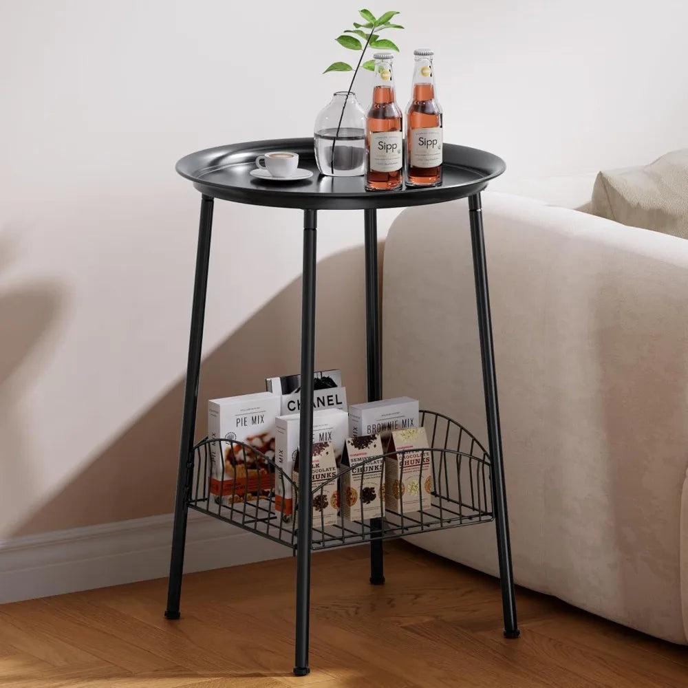 XIUWO Outdoor Side Table Two Tier Round Metal Patio