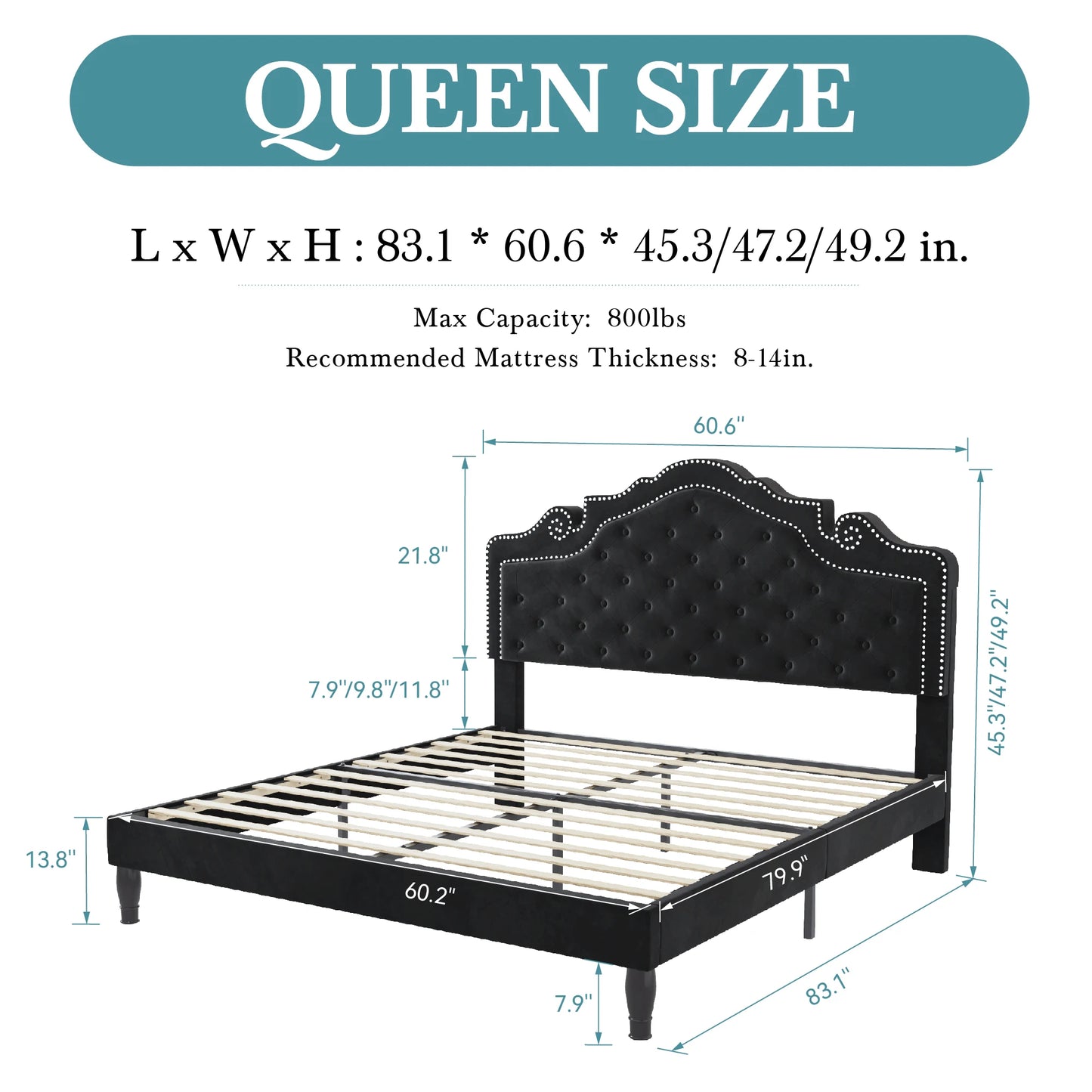 HOOMIC Velvet Bed Frame With Adjustable Tiara Headboard